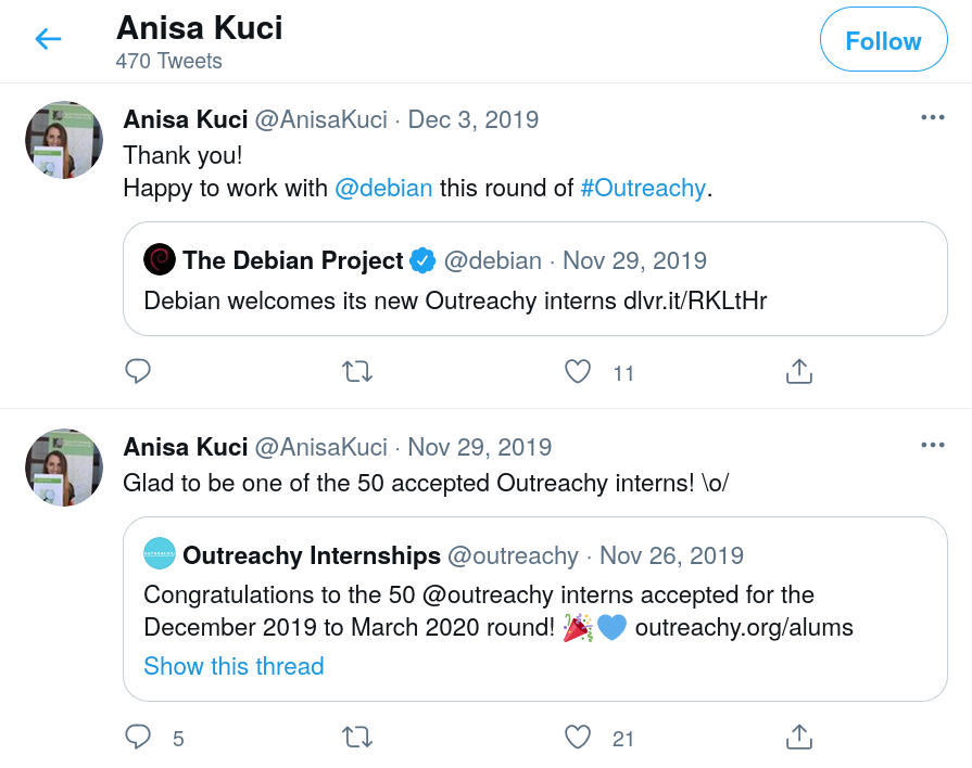 Anisa Kuci, Debian, Outreachy